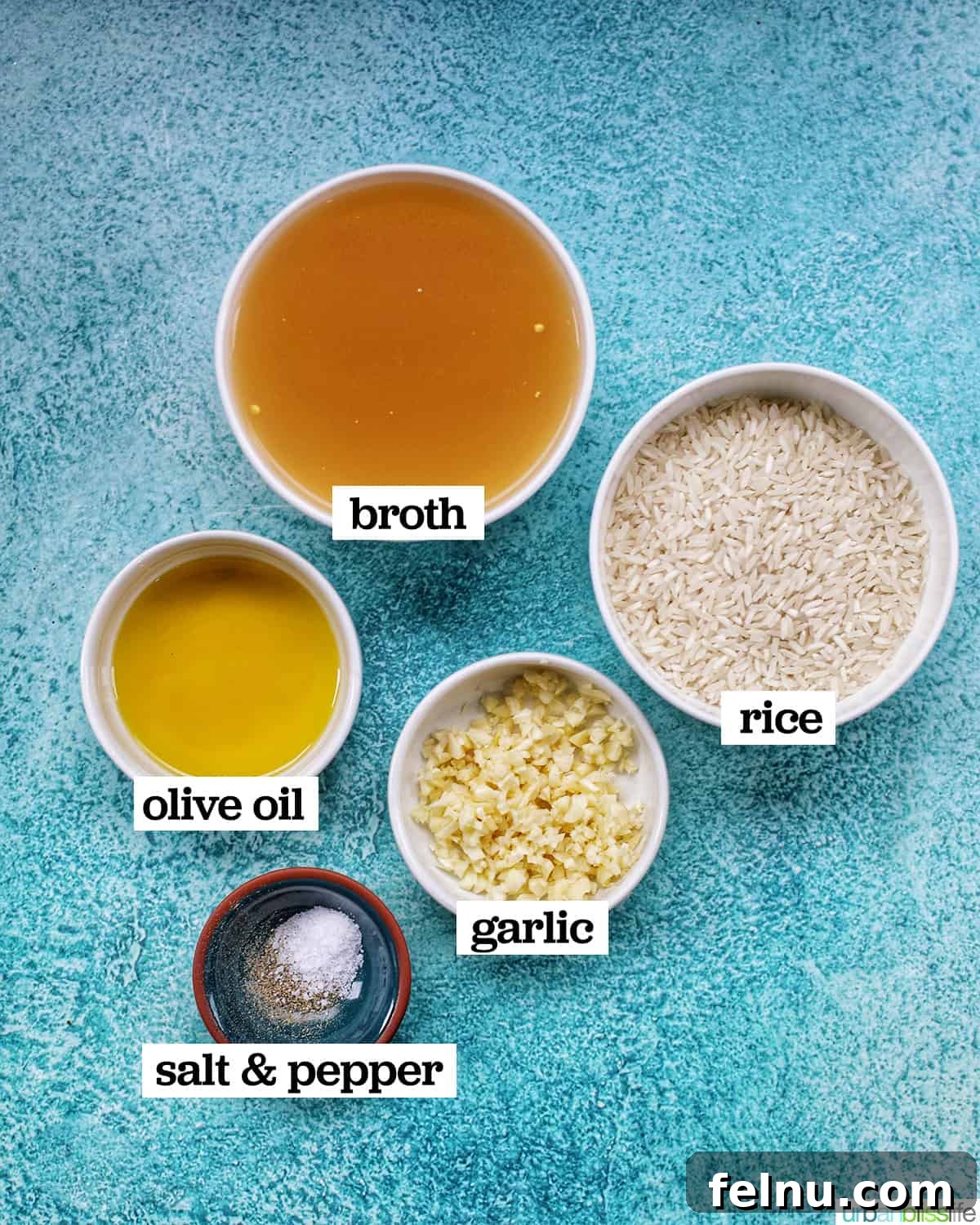 Flavorful Instant Pot Garlic Rice 4 ingredients in individual bowls to make instant pot garlic rice on a bright blue background.