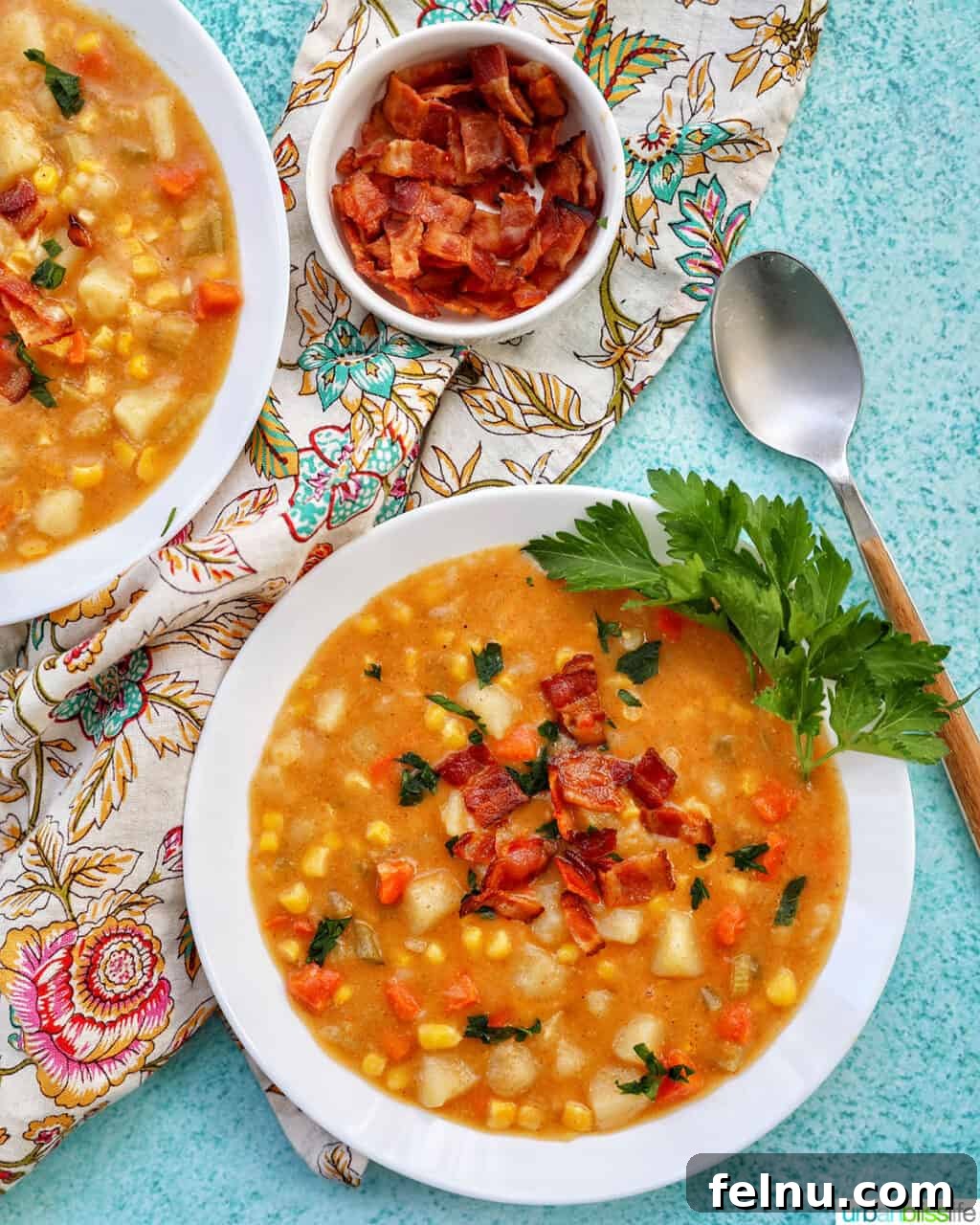 Creamy Potato Corn Chowder Made Easy 18 Two bowls of Instant Pot Potato Corn Chowder with bacon