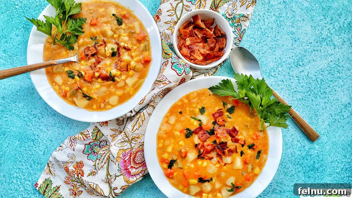 Creamy Potato Corn Chowder Made Easy 3 Two bowls of Instant Pot Potato Corn Chowder with bacon and parsley