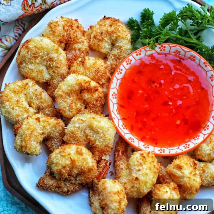 Crispy Gluten-Free Air Fryer Coconut Shrimp 19 air fryer coconut shrimp with red dipping sauce.
