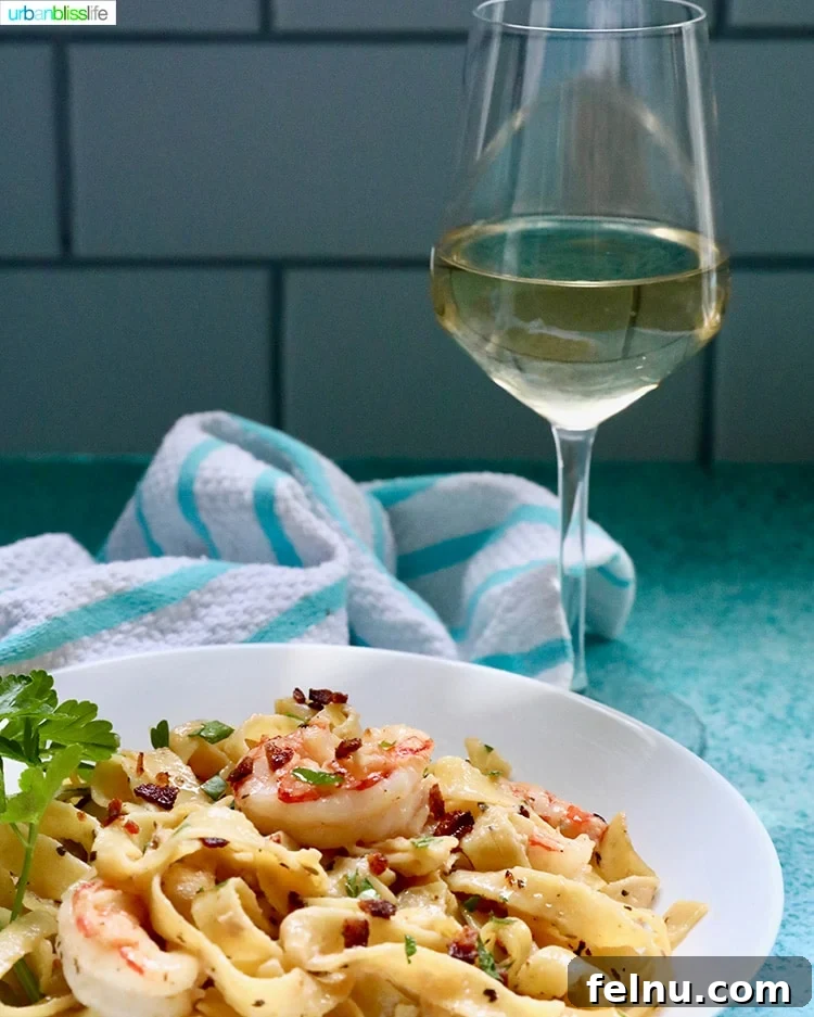 Air Fryer Bacon Shrimp Skewers 15 Shrimp pasta with glass of white wine