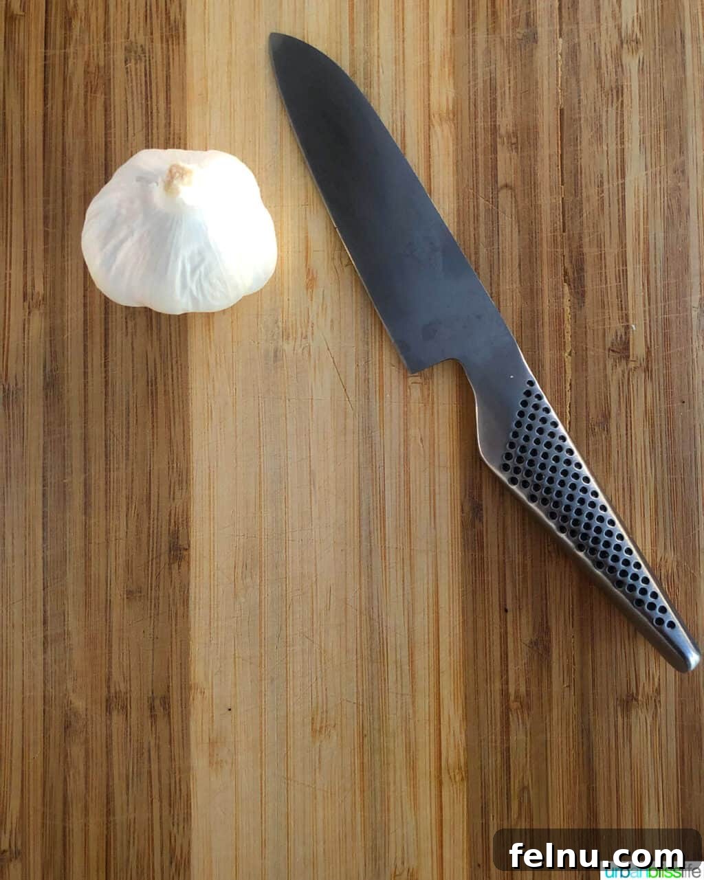 Sharpen Your Skills: The Definitive Guide to Kitchen Knives 7 A utility knife positioned alongside garlic cloves, illustrating its use for mid-sized cutting tasks.