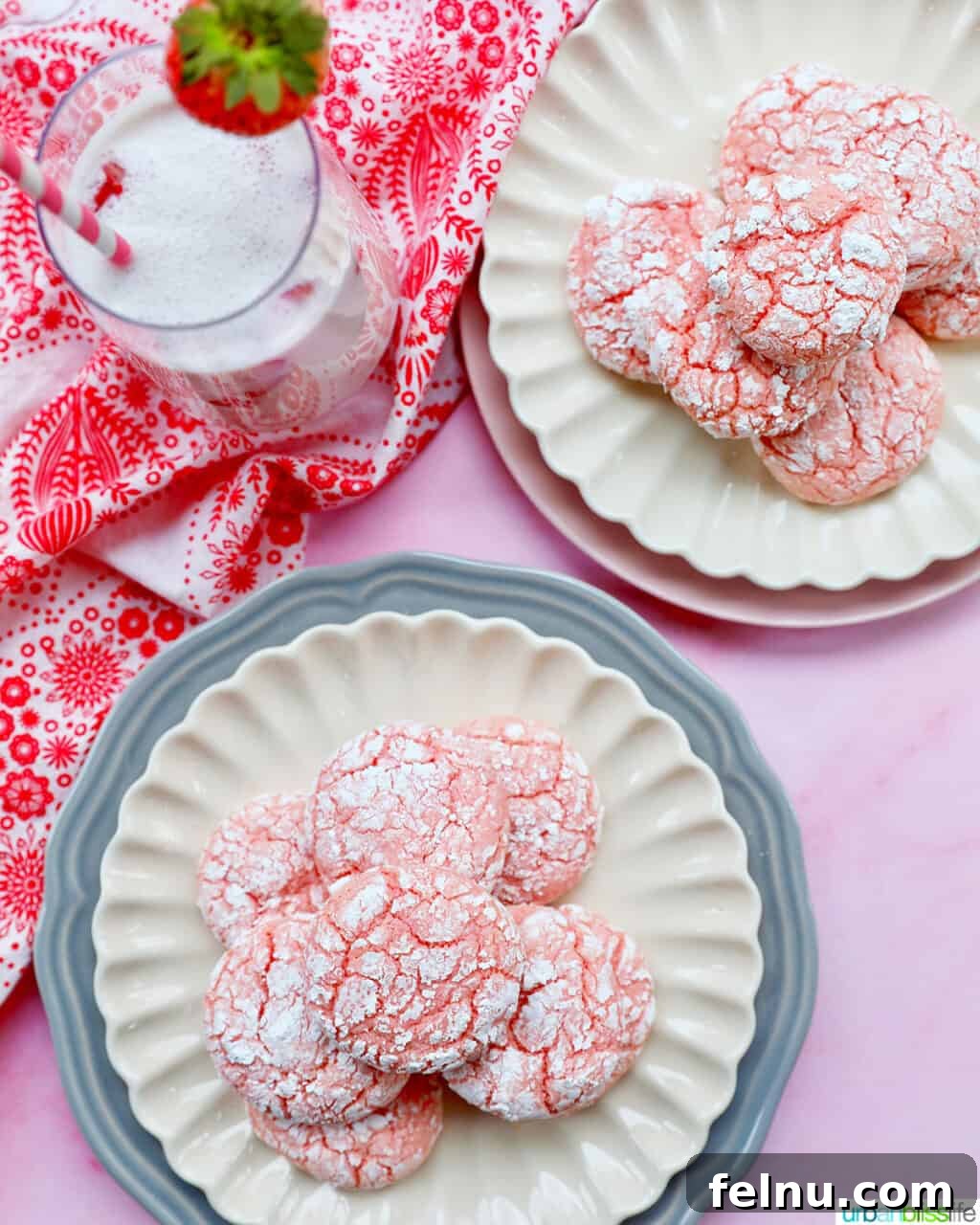Strawberry Crinkle Cookies with Strawberry Milk