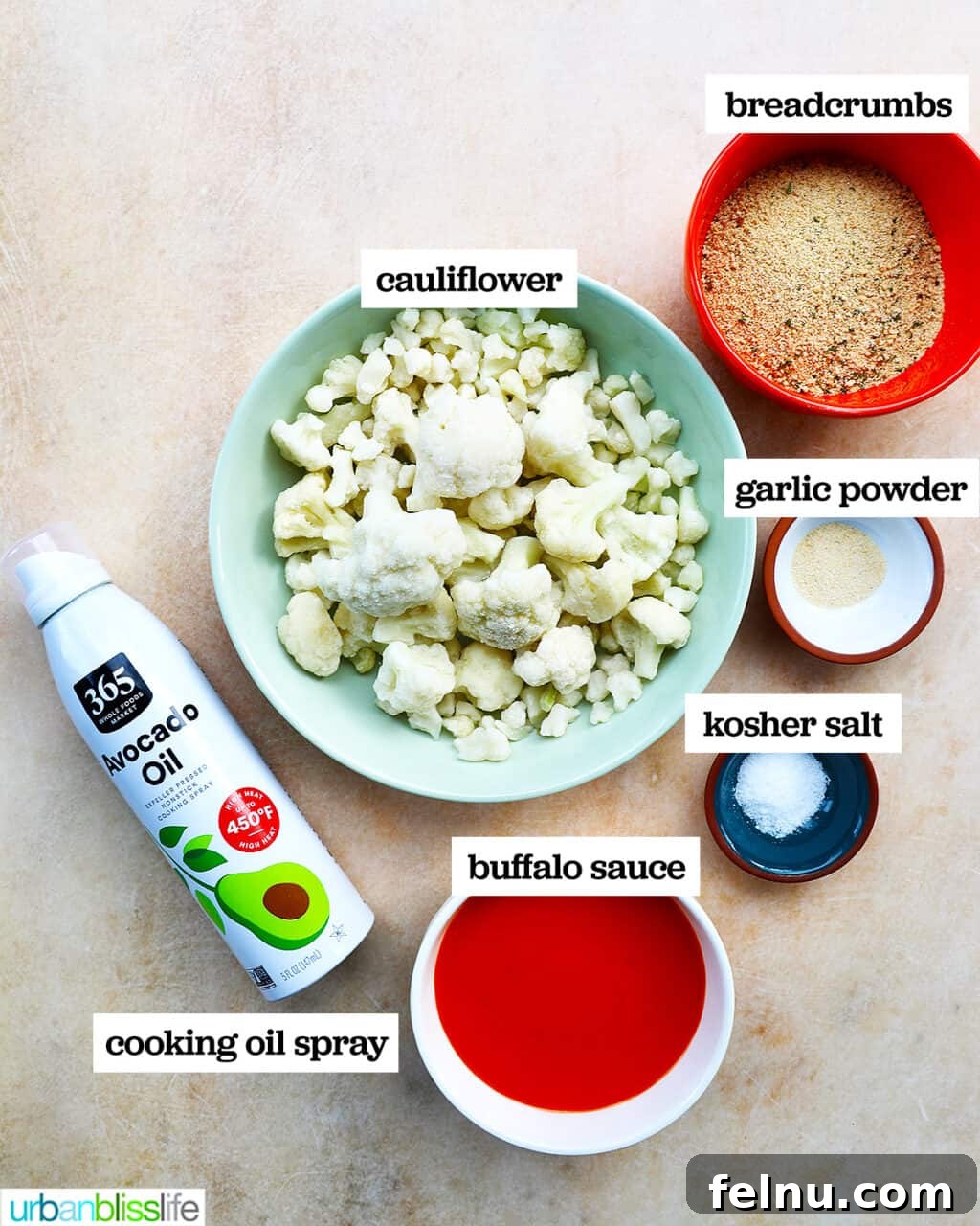 Fiery Air-Fried Cauliflower Poppers 4 Ingredients laid out for making air fryer buffalo cauliflower, including frozen cauliflower, buffalo sauce, breadcrumbs, and seasonings.