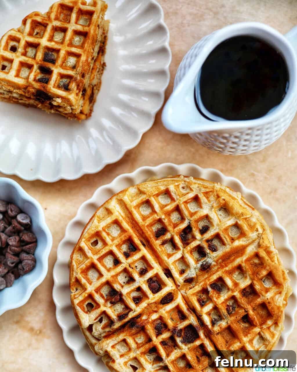 Banana Chocolate Chip Dream Waffles 2 Delicious Banana Chocolate Chip Waffles served with syrup and extra chocolate chips