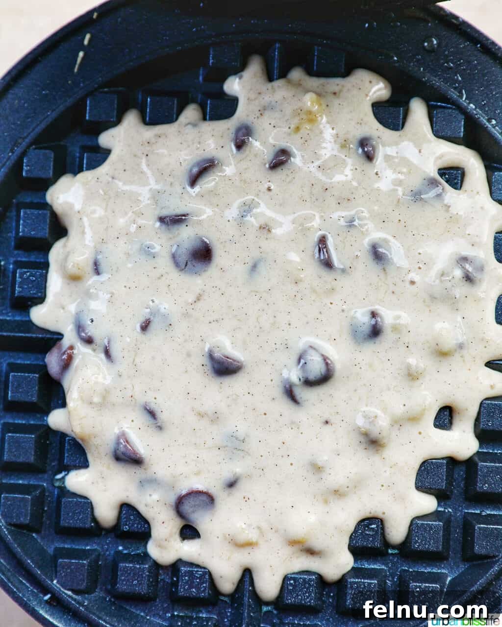 Banana Chocolate Chip Dream Waffles 14 Chocolate Chip Banana Waffle batter in a waffle iron