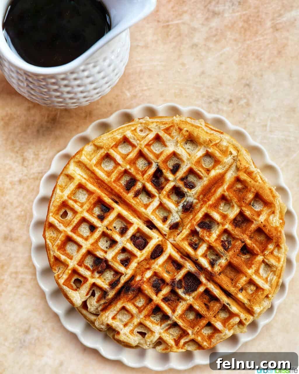 Banana Chocolate Chip Dream Waffles 3 Overhead view of Banana Chocolate Chip Waffles with syrup