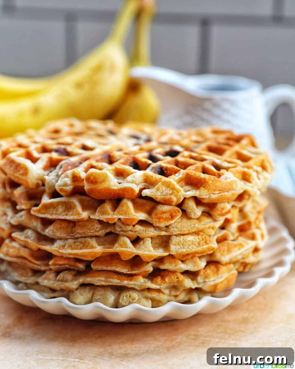 Banana Chocolate Chip Dream Waffles 4 A stack of perfectly cooked Banana Chocolate Chip Waffles