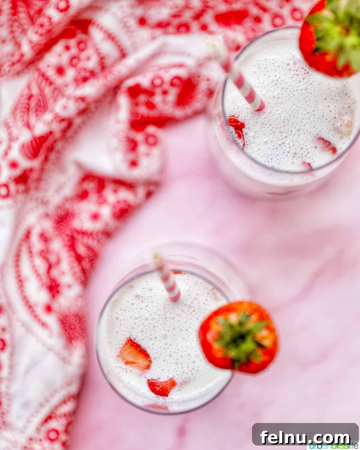 Overhead view of Korean Strawberry Milk glasses