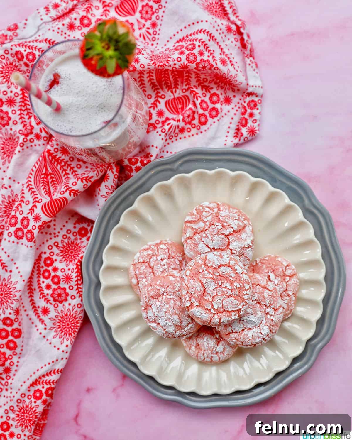 Strawberry Crinkle Cookies with Strawberry Milk