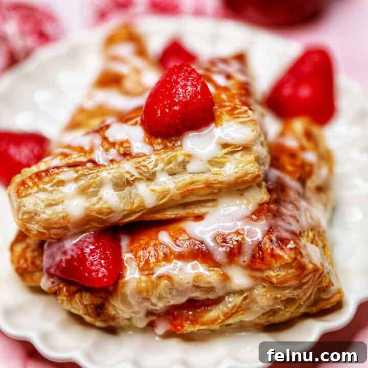 air fryer strawberry turnovers on a plate drizzled with icing.