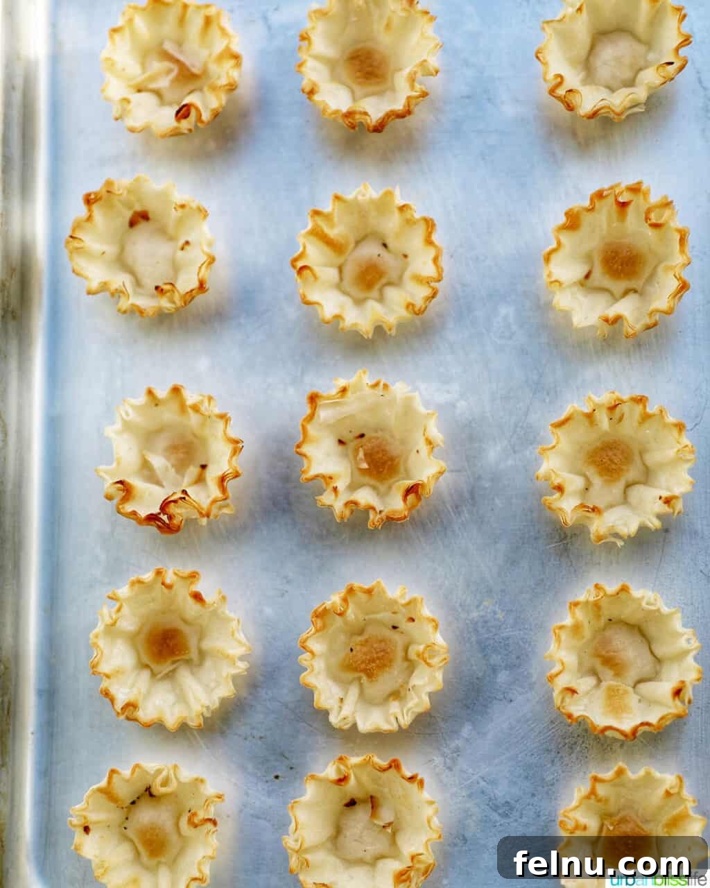 Kickin' Chicken Poppers 12 Empty phyllo cups arranged on a baking sheet, ready for filling.