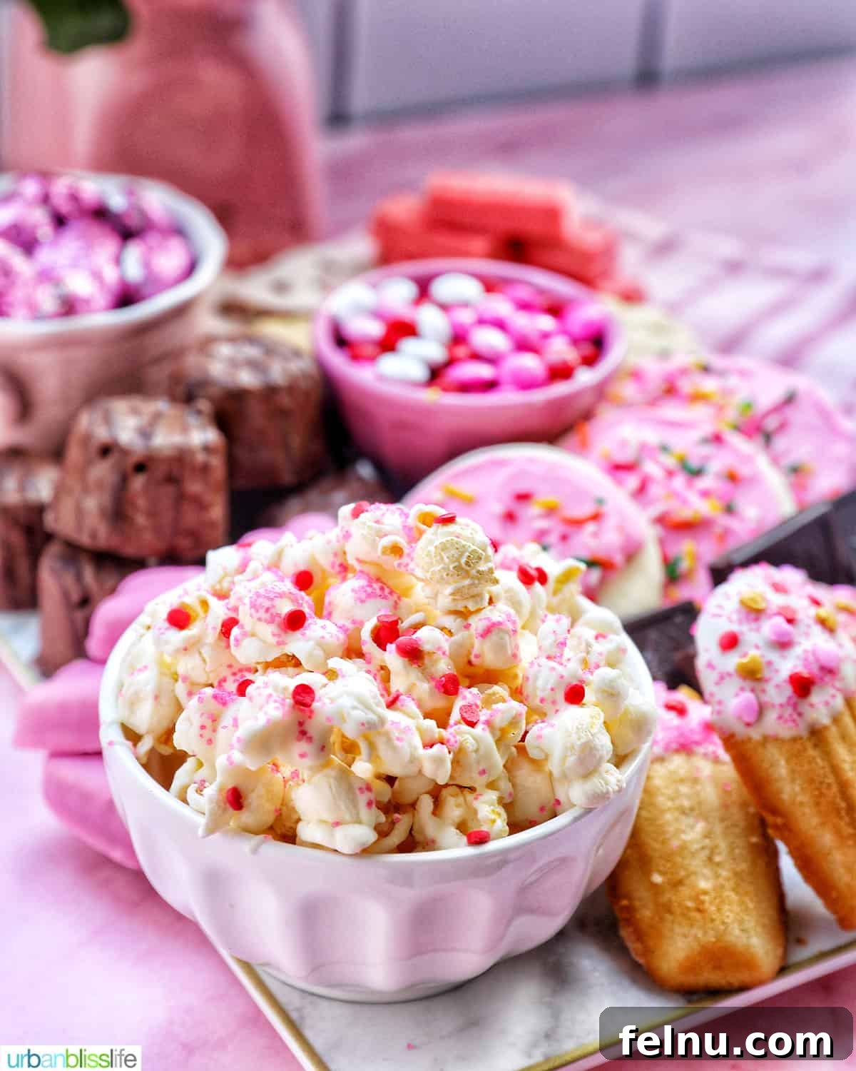 Valentine's Day Popcorn Delight 6 Bowl of Valentine's Day Popcorn mix with other pink desserts