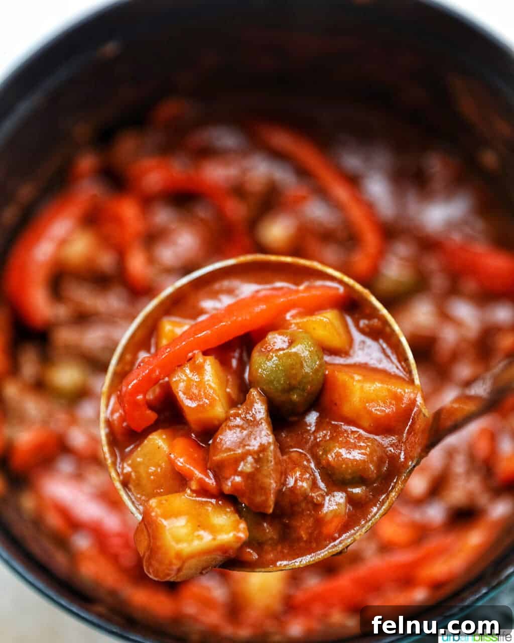 Ladle of beef caldereta over pot.