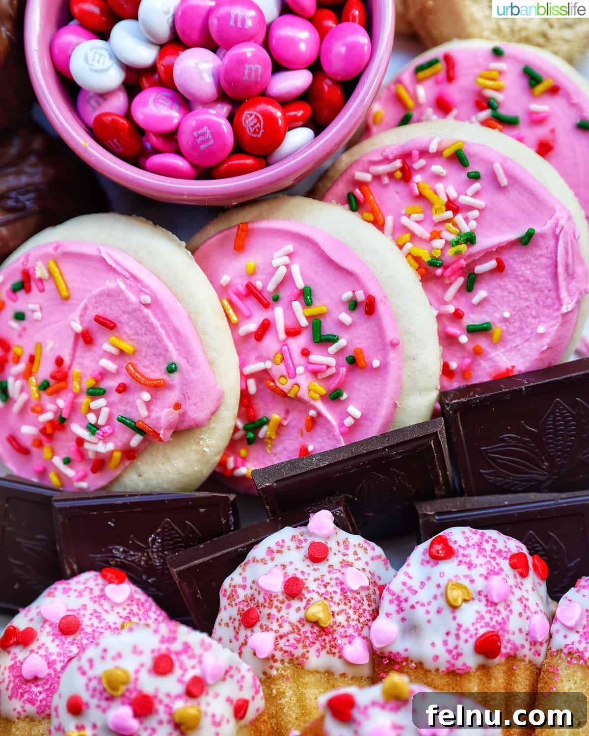 Curated Sweetscape 3 closeup of cookies and candies on a Valentine's Day Dessert Board