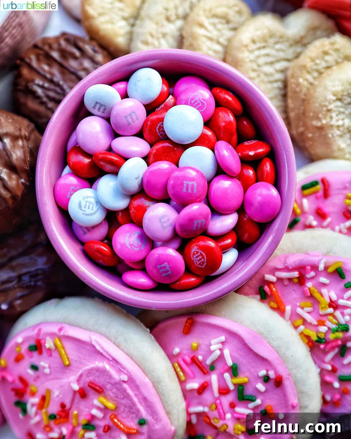 Curated Sweetscape 6 closeup of M & Ms on Valentine's Day Dessert Board