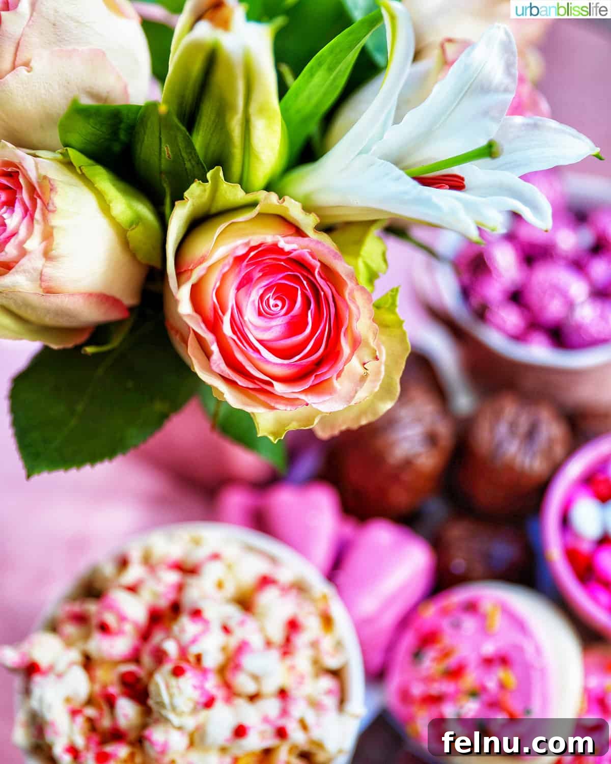 Curated Sweetscape 8 pink roses white lillies and Valentine's Day Dessert Board
