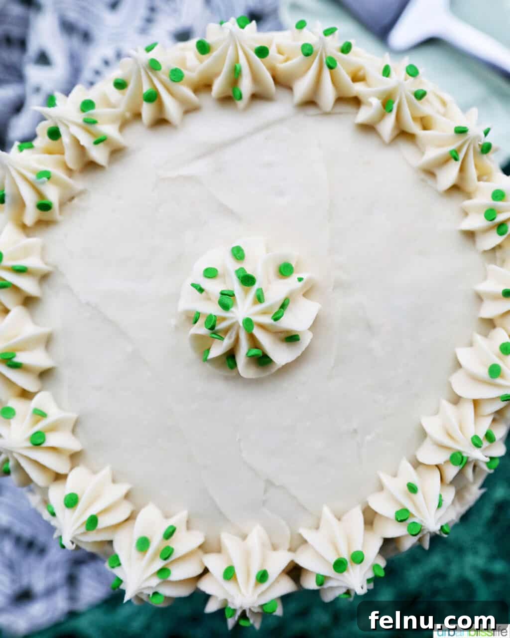 Ultimate Cream Cheese Frosting 3 Overhead view of Green Velvet Cake with luscious cream cheese frosting