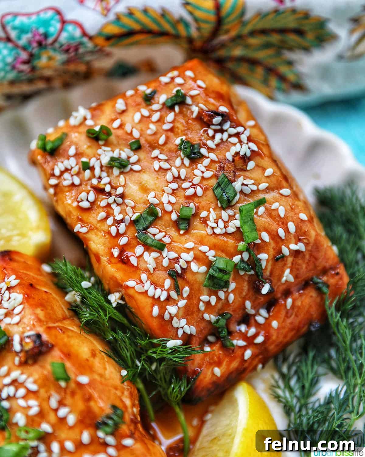 closeup of air fryer teriyaki salmon