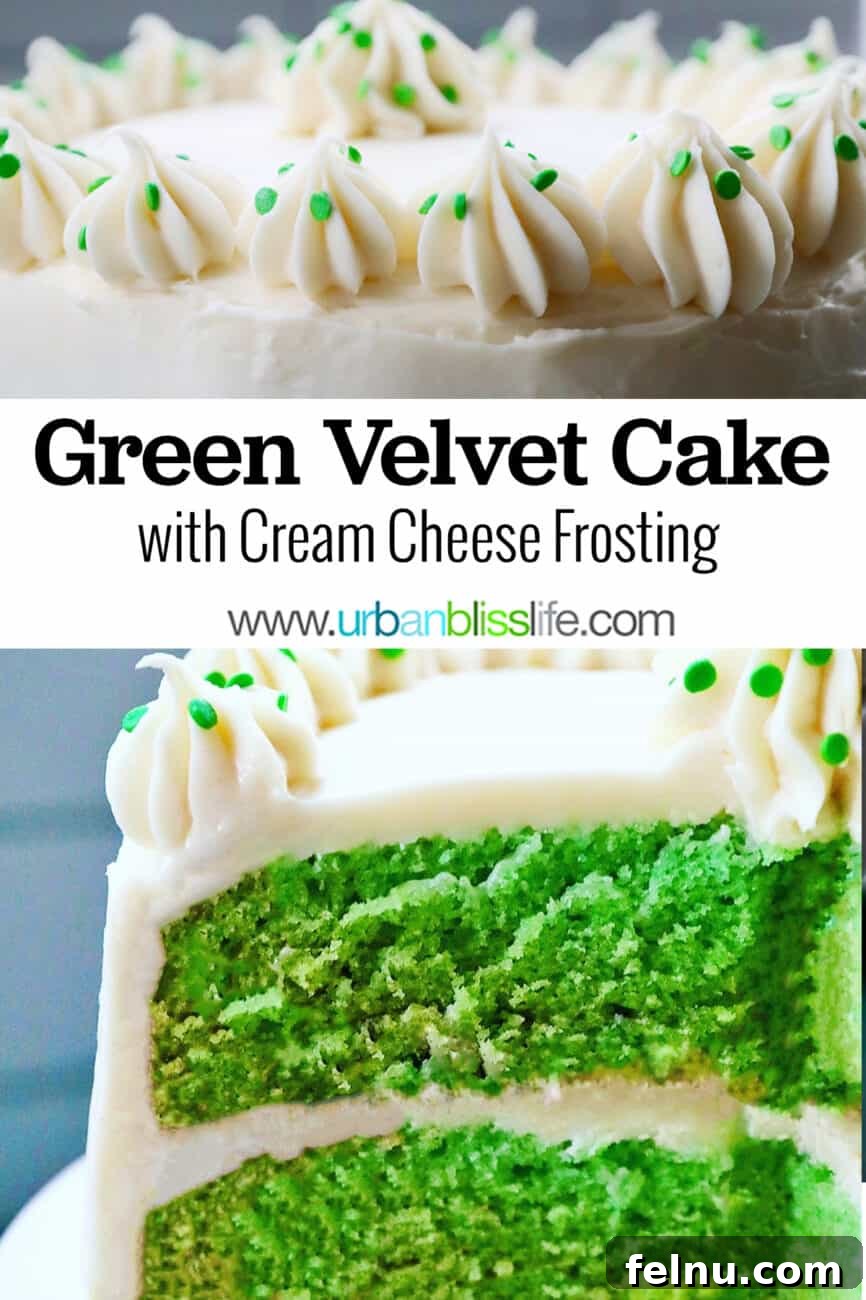Emerald Velvet Delight with Tangy Cream Cheese 28 Green velvet cake with text overlay, ideal for Pinterest sharing.