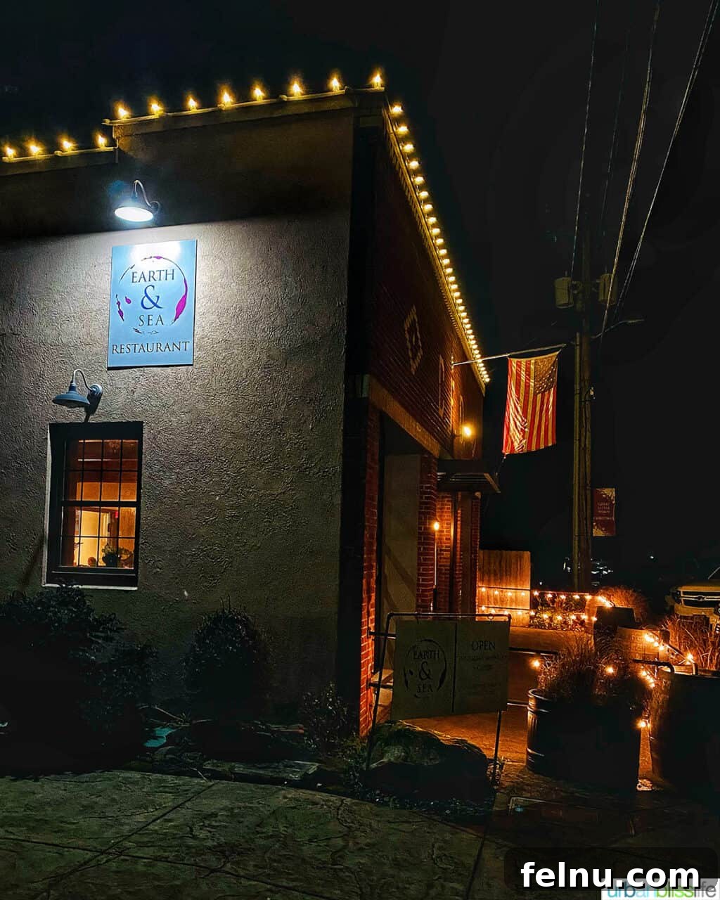 Horizon's Feast 8 exterior of Earth and Sea restaurant in Carlton, Oregon wine country at night