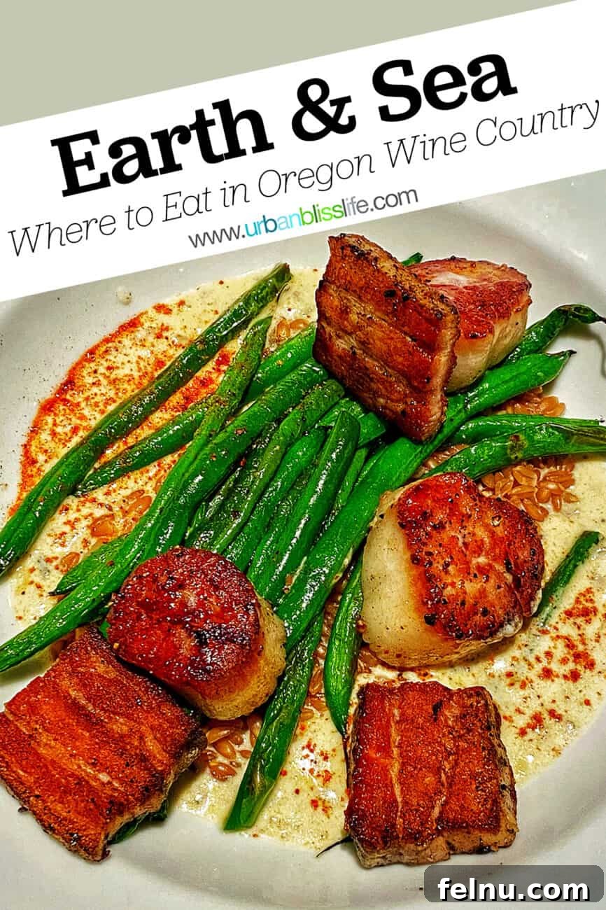 Horizon's Feast 9 scallops and pork belly Earth and Sea restaurant in Carlton, Oregon wine country with text overlay