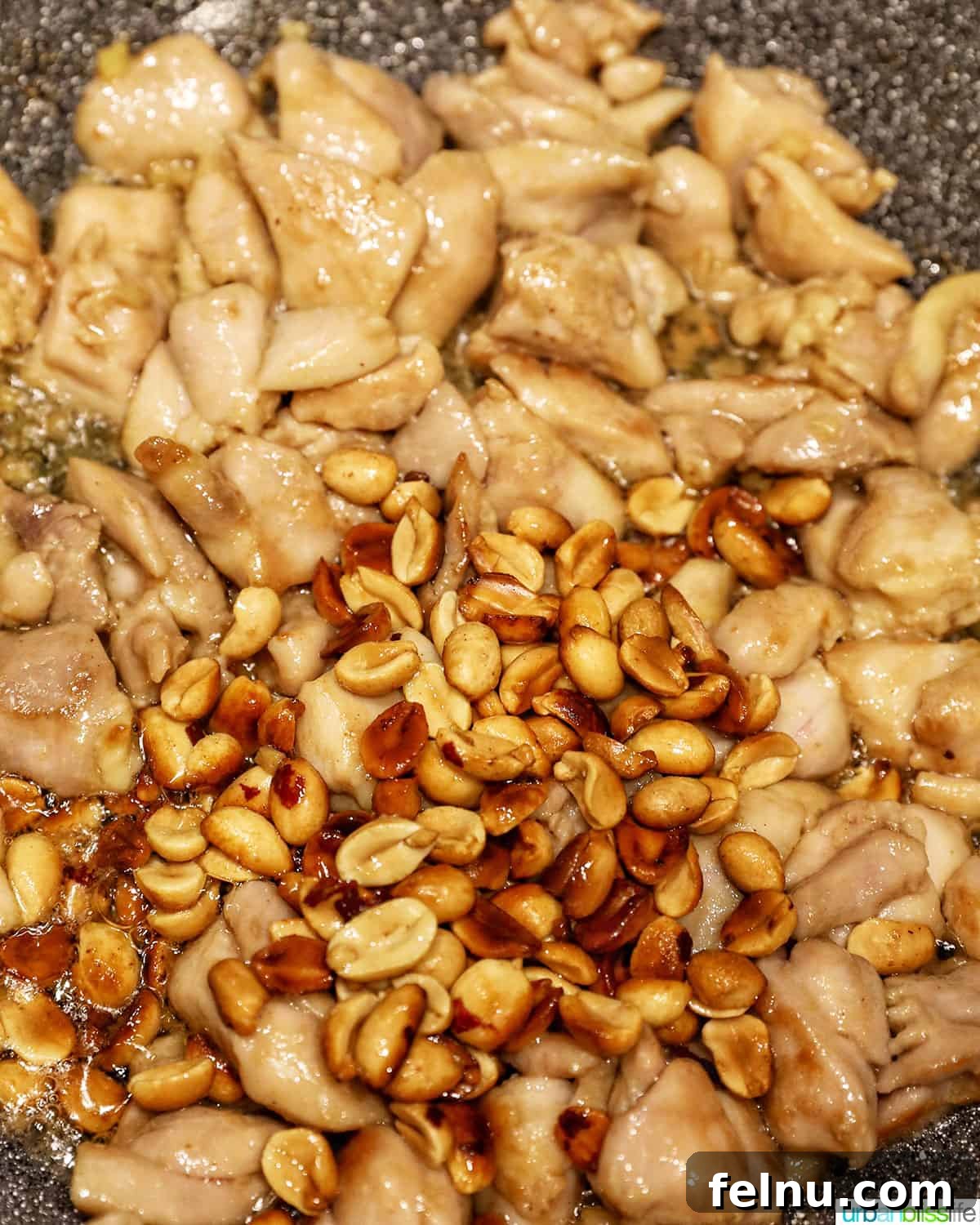 Weeknight Kung Pao Chicken 17 Chicken and peanuts cooking together in a pan