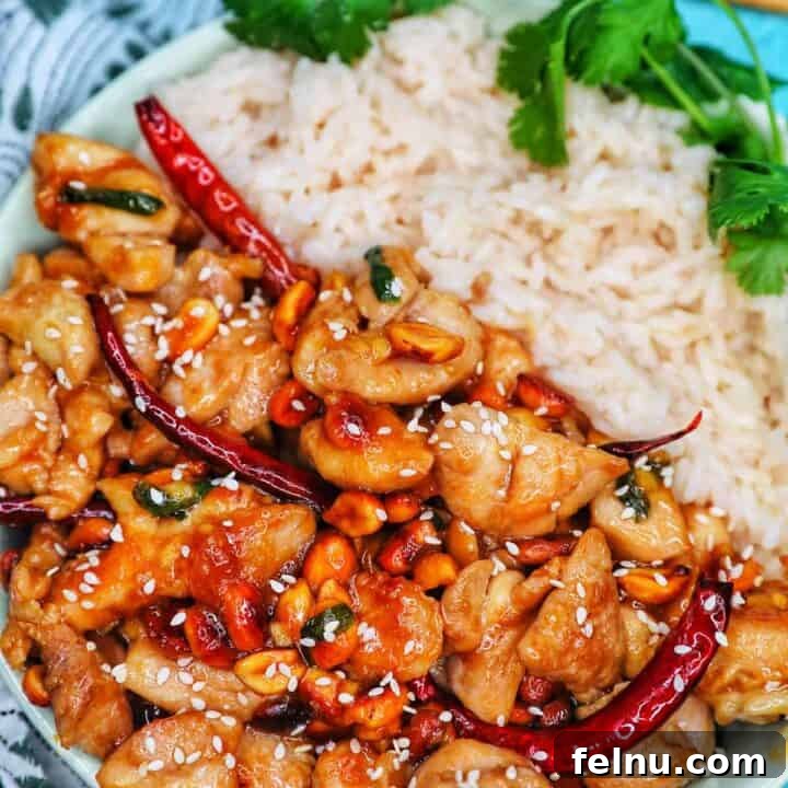 Kung Pao Chicken with rice, perfectly cooked and ready to serve