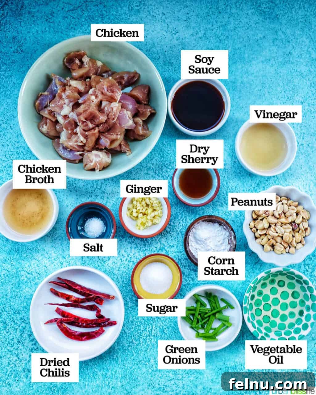 Weeknight Kung Pao Chicken 5 Various ingredients laid out for making Kung Pao Chicken