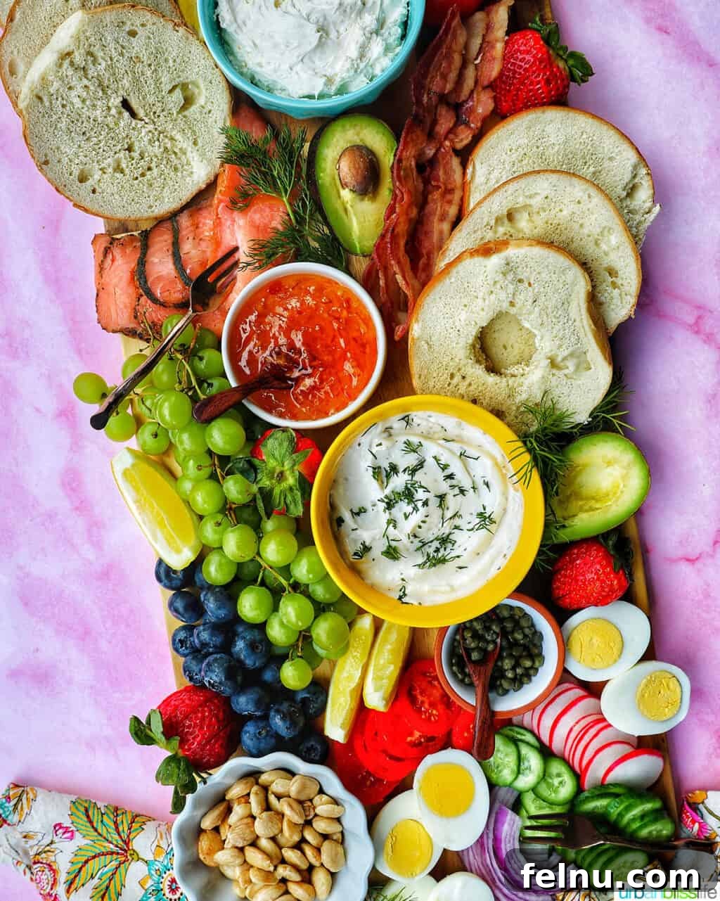 Brunch Grazing Platter 2 Brunch charcuterie board featuring an assortment of fruits and vegetables, perfect for a festive gathering.