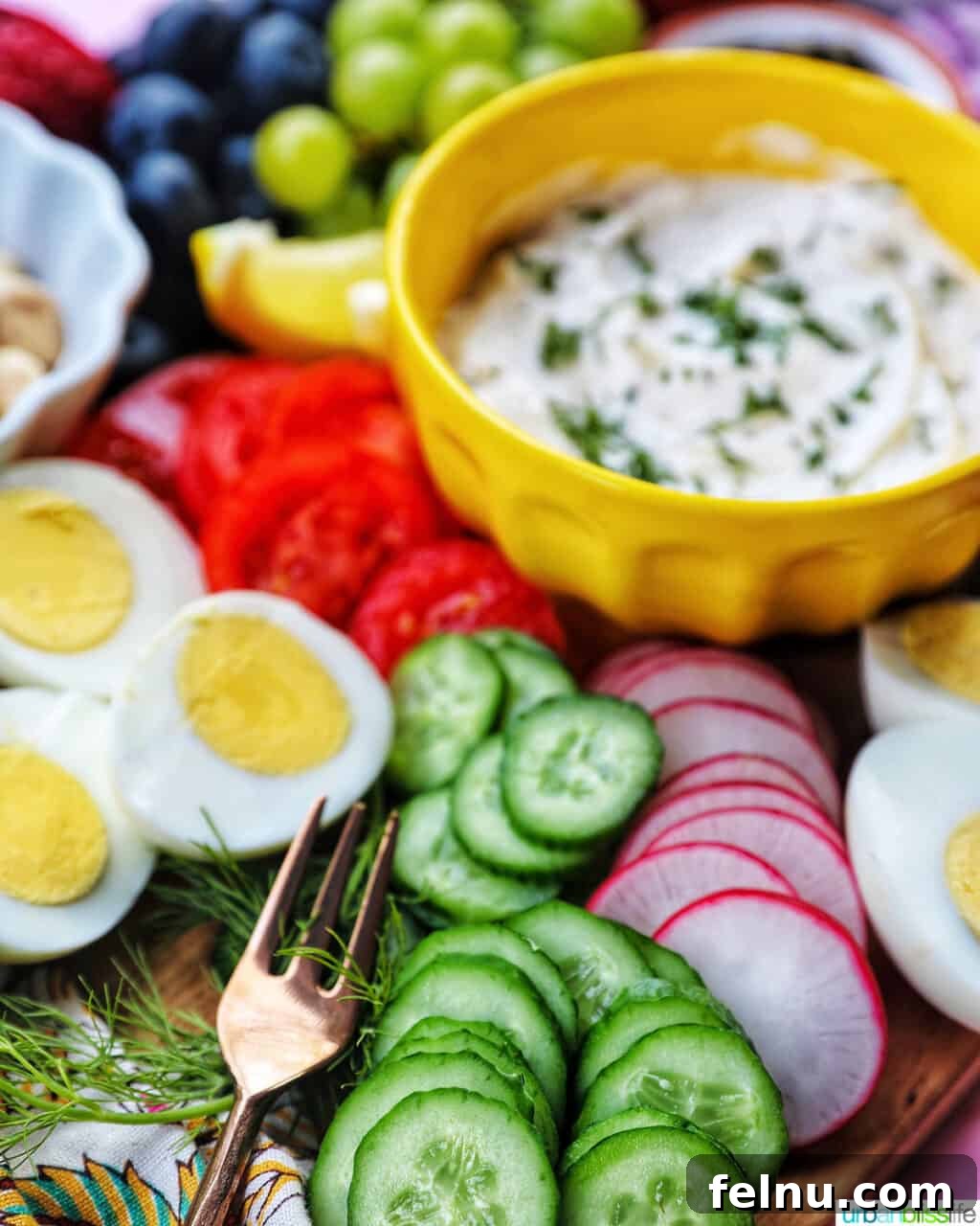 Brunch Grazing Platter 13 A close-up showcasing an assortment of fresh vegetables and dip, essential for adding vibrant flavors and textures to the brunch board.