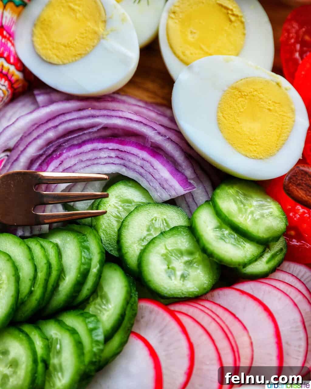 Brunch Grazing Platter 14 Sliced vegetables and hard-boiled eggs arranged on the brunch board, offering a nutritious and visually appealing element.
