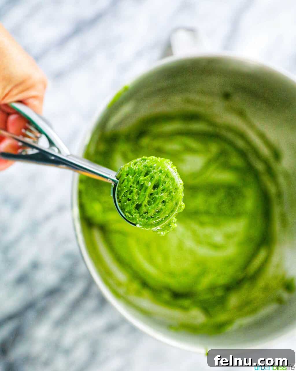 Matcha Magic Crinkles 14 Dough in cookie scooper