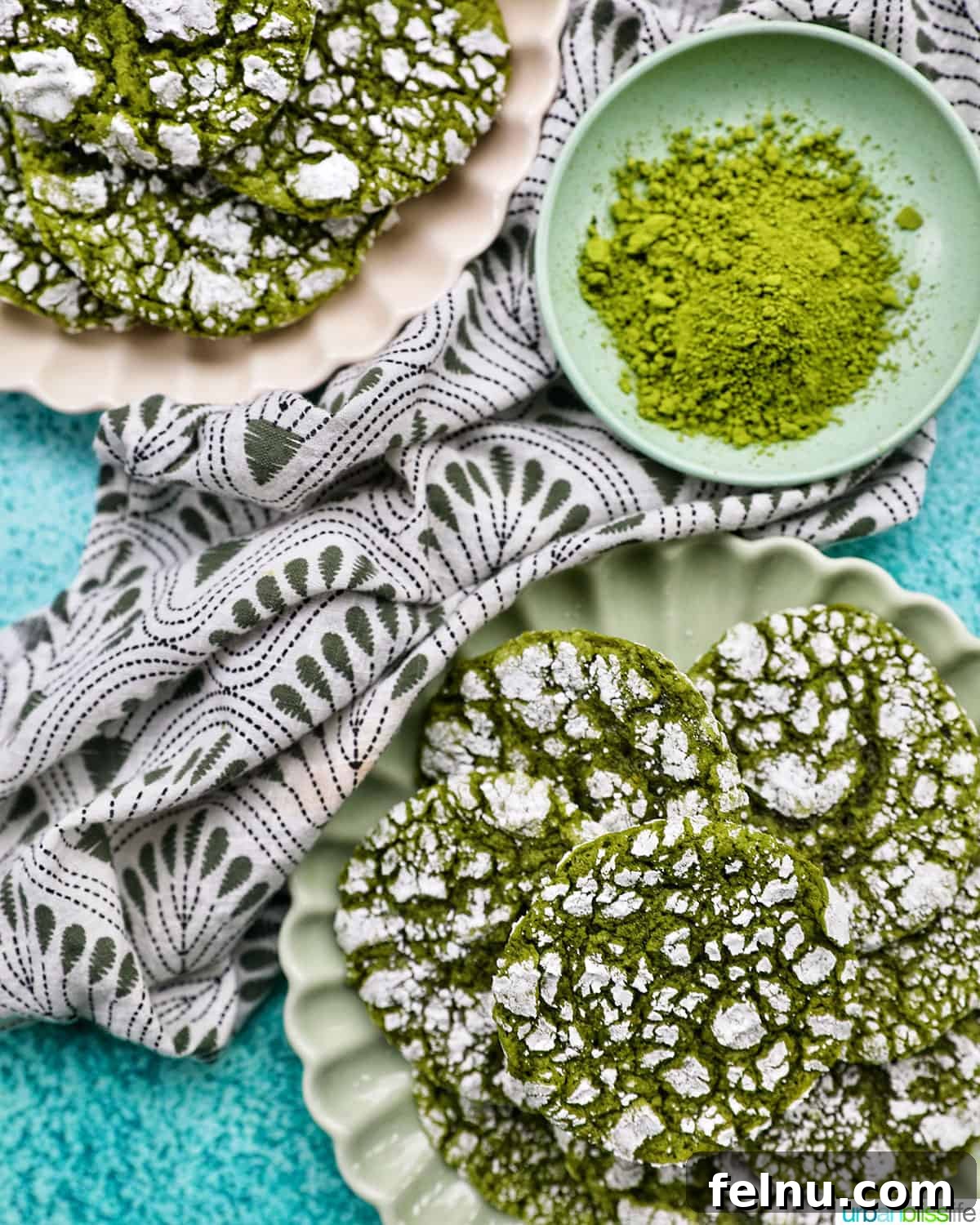 Matcha Magic Crinkles 19 Matcha Crinkle Cookies on plates