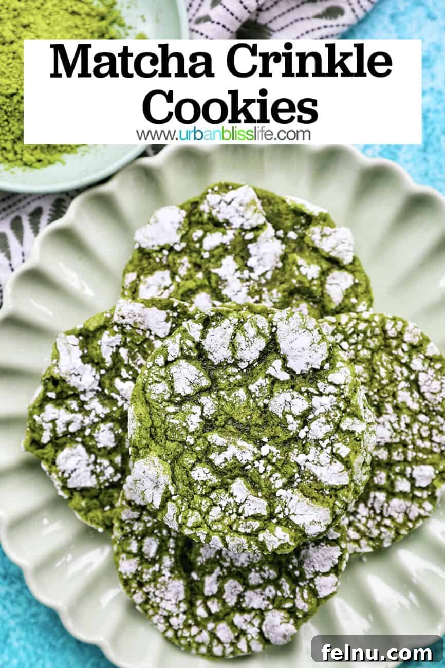 Matcha Magic Crinkles 26 Matcha Crinkle Cookies with Pin It text