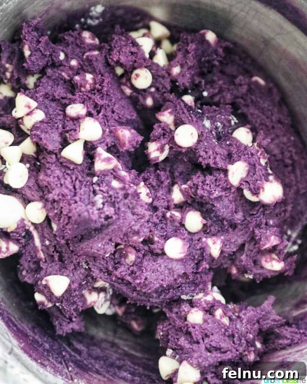 Ube and White Chocolate Dream Cookies 12 Ube cookie batter with white chocolate chips ready for chilling.