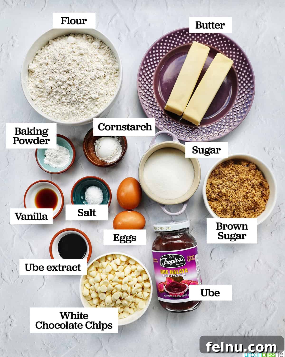 Ube and White Chocolate Dream Cookies 4 A beautifully arranged display of the ingredients needed to make Ube White Chocolate Chip Cookies.