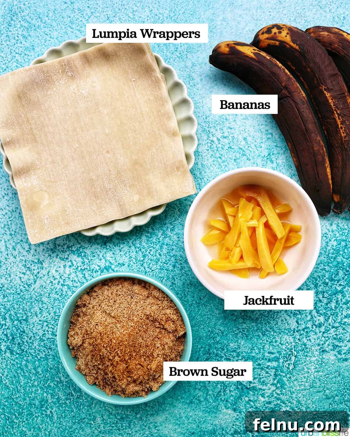 Effortless Filipino Turon: Crispy Banana Lumpia Perfection 4 Ingredients to make Filipino turon banana lumpia in bowls on a blue background.