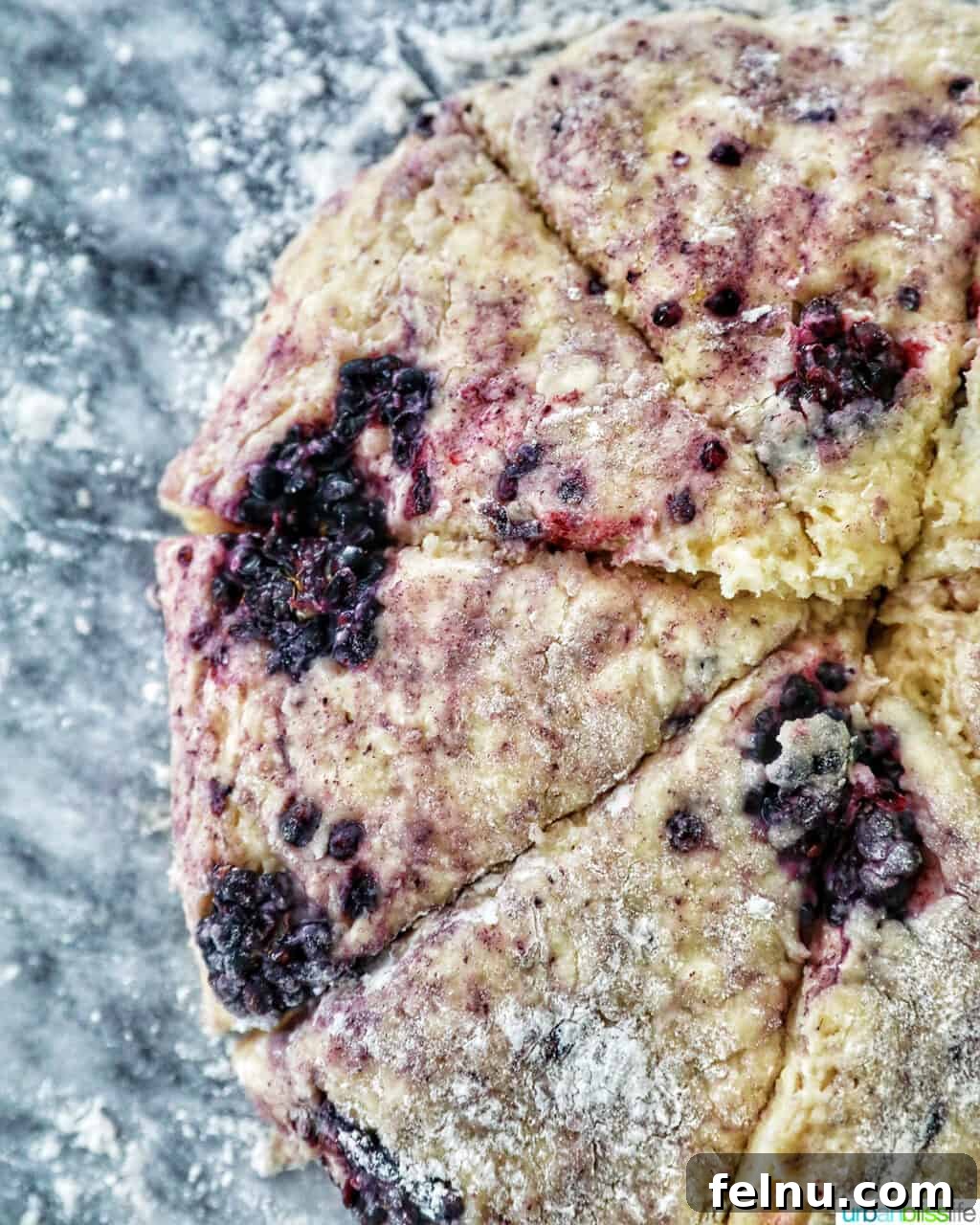 Blackberry scone dough sliced