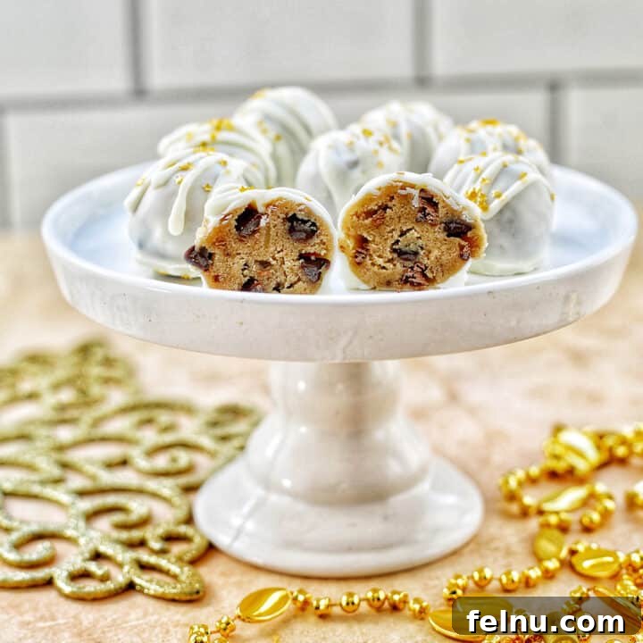 Decadent Cookie Dough Delights 18 chocolate chip cookie dough truffles on a pedestal plate