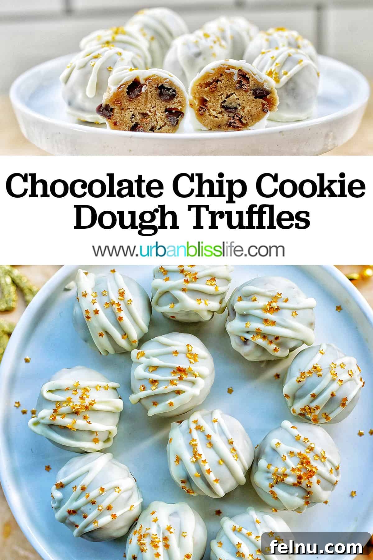 Decadent Cookie Dough Delights 19 chocolate chip cookie dough truffles with text title