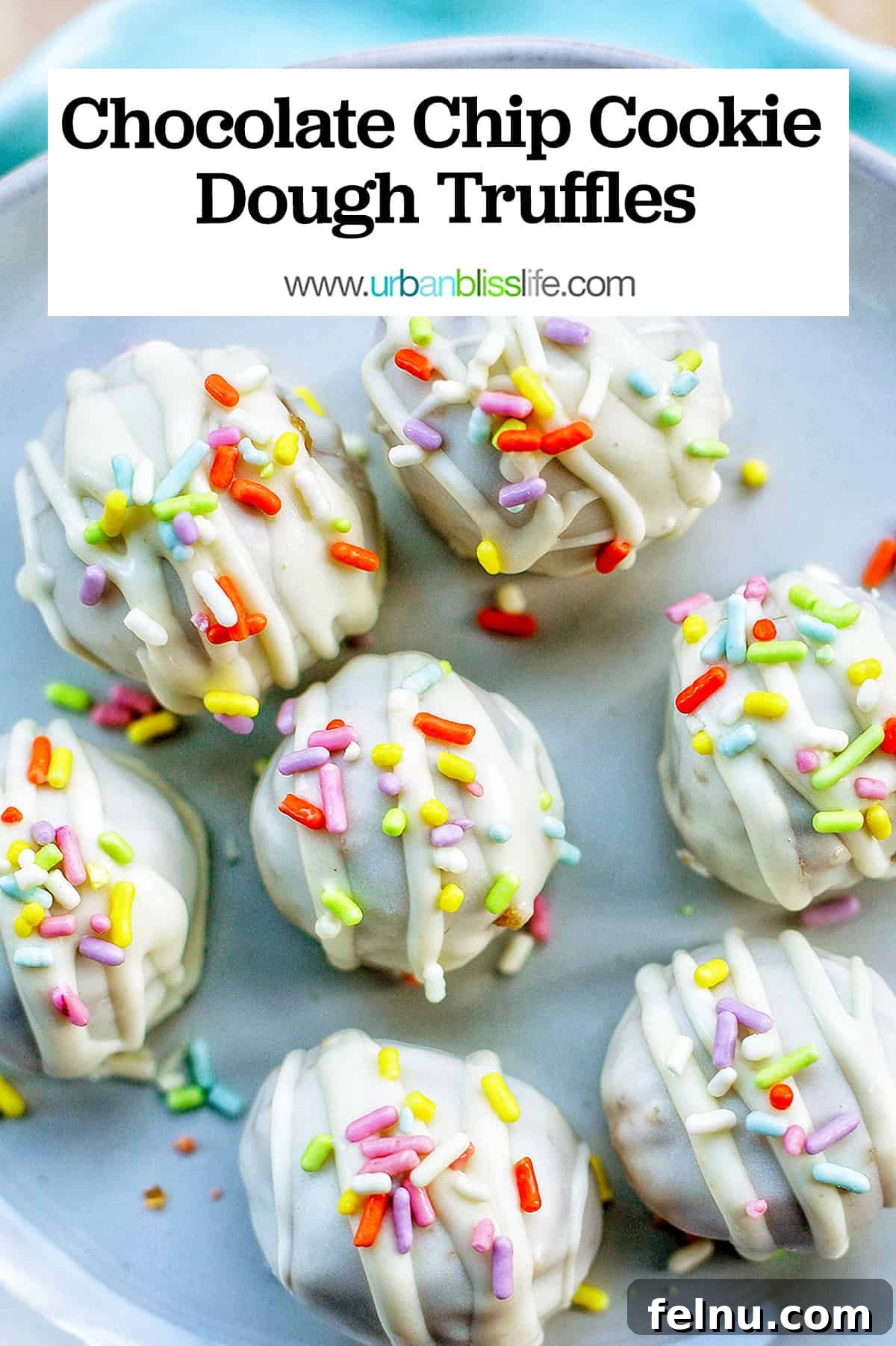 Decadent Cookie Dough Delights 20 chocolate chip cookie dough truffles with text title