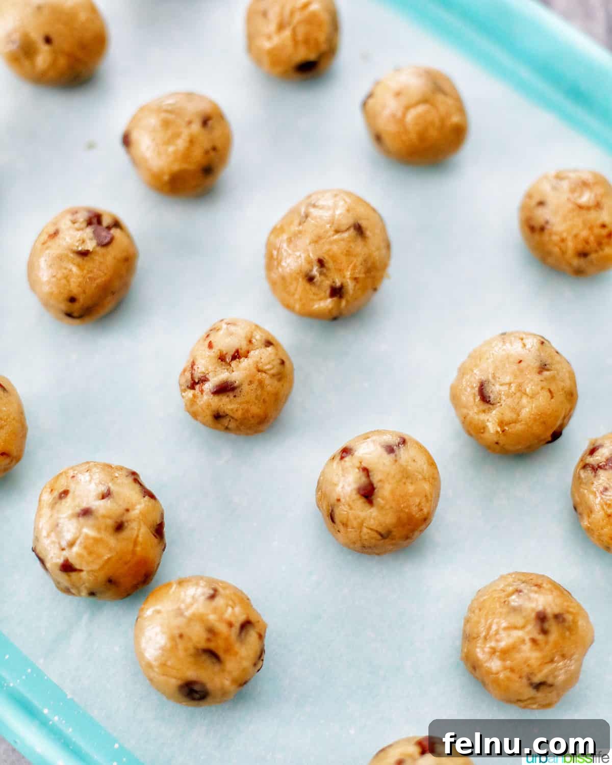 Decadent Cookie Dough Delights 8 edible cookie dough balls on baking sheet