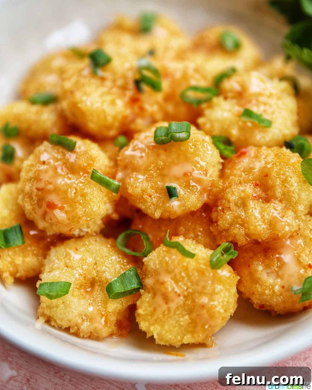 Bang Bang Shrimp: An Air Fryer Sensation 18 Air fryer bang bang shrimp garnished with green onions in a white bowl.
