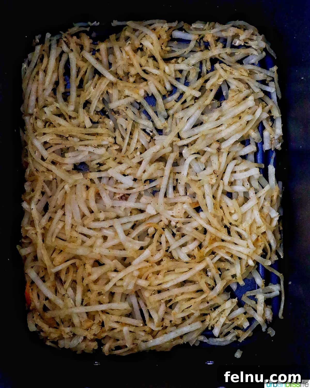 Air-Fried Hash Brown Bliss 10 Cooked air fryer hash browns in the air fryer basket, perfectly golden
