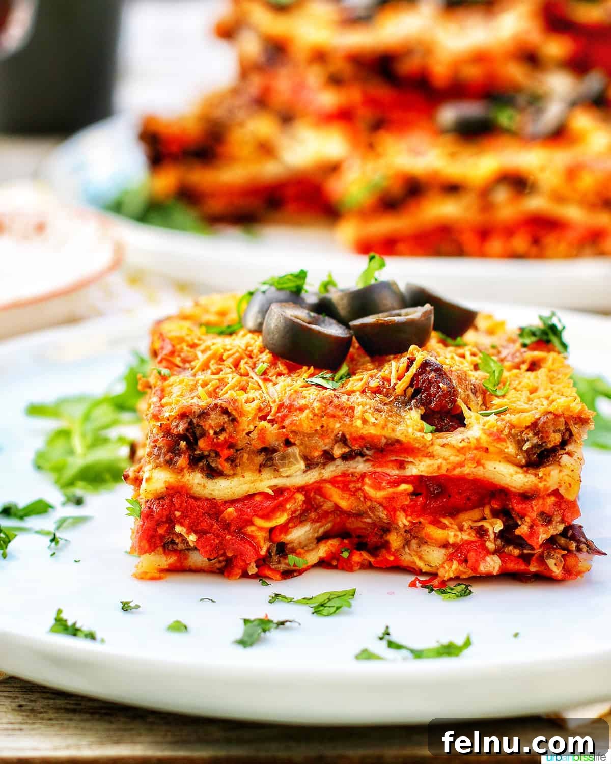 Sparkling Margarita Bliss 11 Close up slice of Mexican Lasagna with melted cheese
