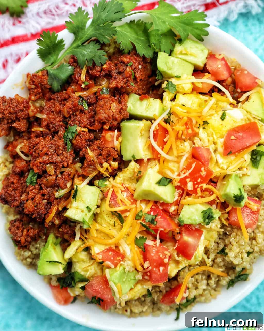 Close-up of a delicious Chorizo Breakfast Bowl