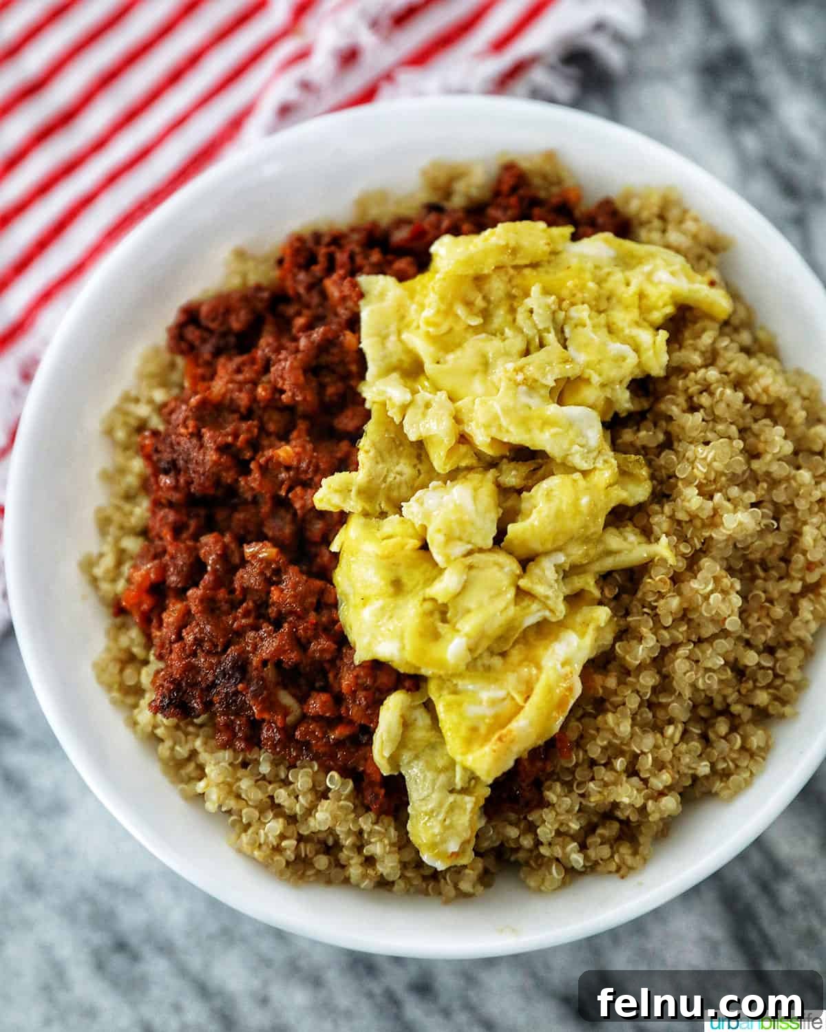 Chorizo, eggs, and quinoa in a bowl