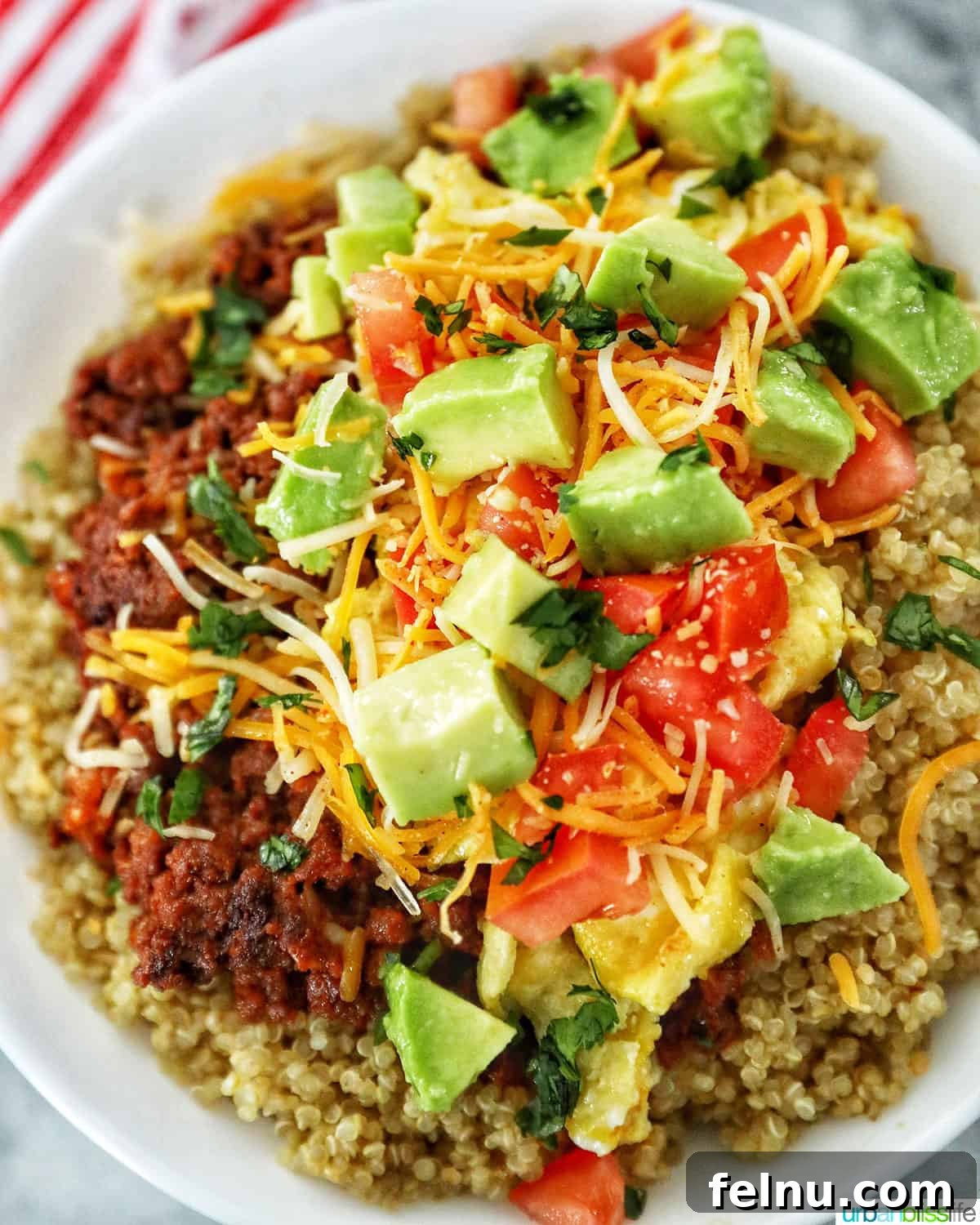 Chorizo breakfast bowl topped with cilantro
