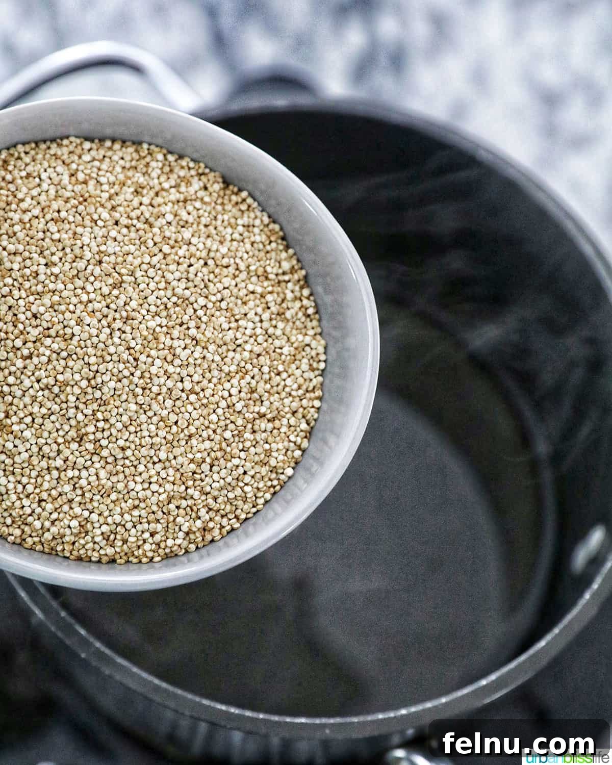 Adding quinoa to a pot